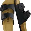 CUSHIONAIRE Lane Cork Footbed Sandals for Women  Comfortable Double Buckle Slip-On with Genuine Suede Footbed & Arch Support Slides for Women Footwear (7.5, Black Oily)