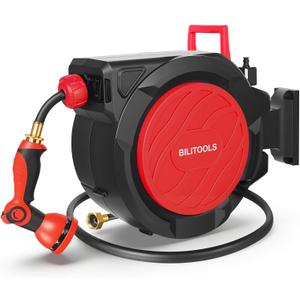 BILITOOLS Retractable Garden Hose Reel 5/8" x 50 ft Wall Mount Auto Rewind | Water Hose Reel for Outside, Any Length Lock, 10-Pattern Nozzle, Hybrid Hose, Aluminum Shaft, 180 Swivel Wall Mount