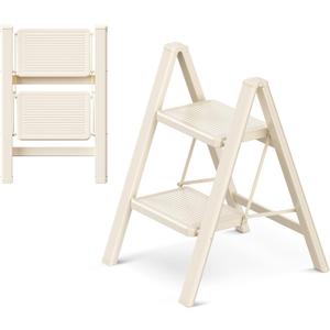 2 Step Ladder Folding Step Stool with Wide Anti-Slip Pedal, 330LBS Capacity, Lightweight Portable Stepladder for Home and Kitchen Use, Cream White