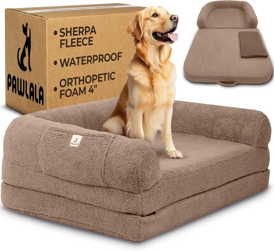 2 in 1 Human Dog Bed for Adult Foldable Waterproof, Orthopedic Foam, Machine Washable Sherpa Cover, Non-Slip Base - Human Size Dog Bed (Almond Brown, 72x44x11)