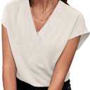 Women's V Neck Blouse 2025 Summer Textured Chiffon Top Cap Sleeve Loose Shirt for Office Work Casual (White, L)