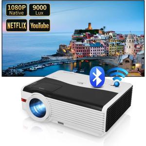 Native 1080P Outdoor Projector, 9000 Lumen Multimedia Home Theater Projectors Gaming Movie Artwork Party, Work for TV Stick PS5 DVD Laptop, Proyectores with USB/HDMI/VGA/AV/Audio Port, HiFi Speakers