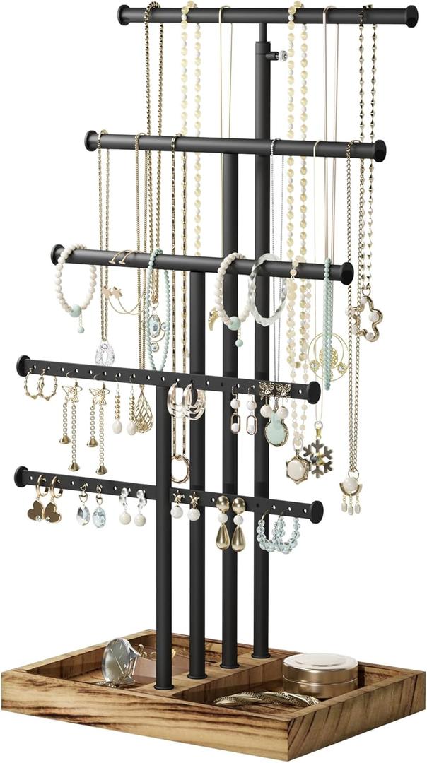 Love-KANKEI Jewelry Organizer Stand, 5 Tier Large Necklace Holder with Wood Base, Jewelry holder stand Tree for Display, Bracelets Earrings Rings, Height Adjustable Gift Carbonized Black & Black