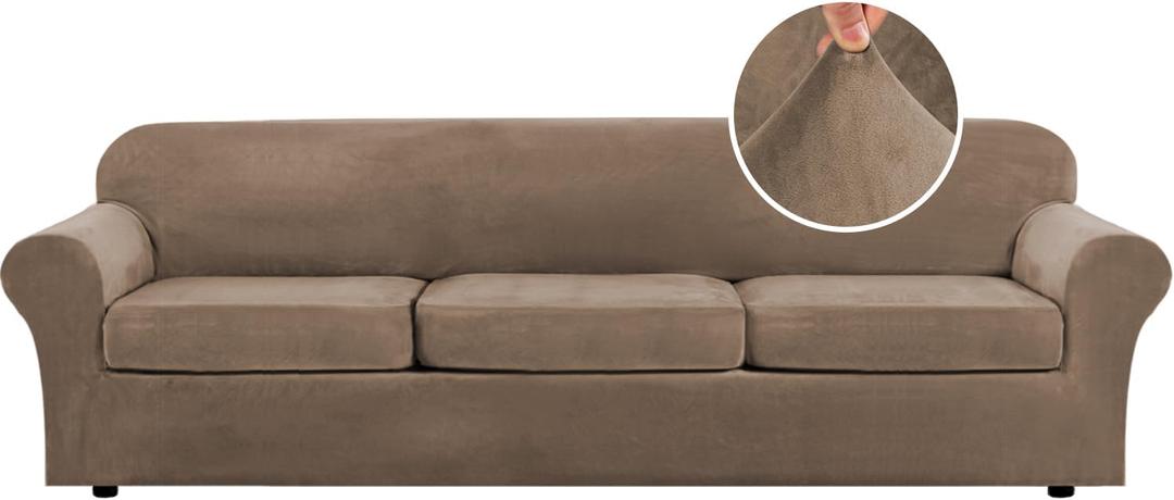 H.VERSAILTEX Modern Velvet Plush 4 Piece High Stretch Sofa Slipcover Furniture Protector Form Fit Velvet Extra Large Sofa Cover for 3 Cushion Couch Width Up to 105 Inch (XL Sofa, Mocha)