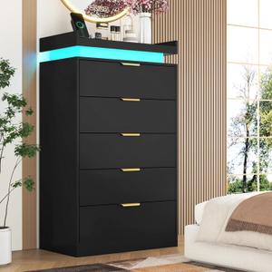 Tall Dresser for Bedroom, Black Dresser with LED Lights, Wood 5 Drawer Chest with Power Outlet, Modern Chest of Drawers for Bedroom, Living Room, Entryway, Hallway