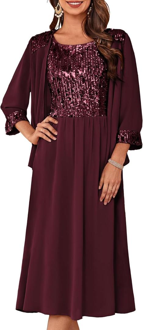 GRACE KARIN Wedding Guest Dress Mother of The Bride Dresses Two Piece Formal Sequin Dress with Jacket Tea Length 2025 (X-Large, Dark Red)