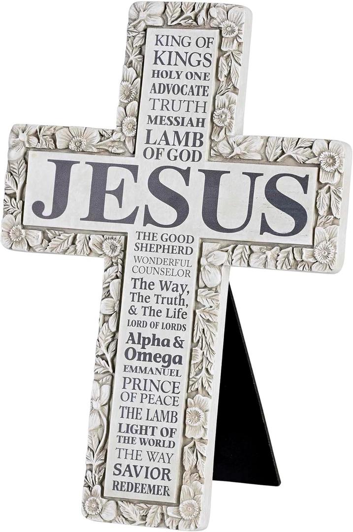 Dicksons Inspirational Wall Hanging or Tabletop Cross Figurine 7 x 10 Resin Floral Embossed Names of Jesus