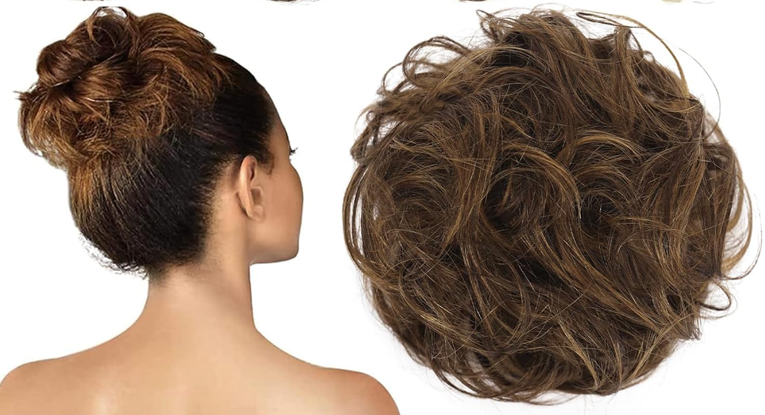 Human Hair Messy Bun Hairpiece Brown with Highlights, Perfect for Voluminous Natural Look, Easy to Use and Style, Comfortable All-Day Wear, Versatile for Any Occasion