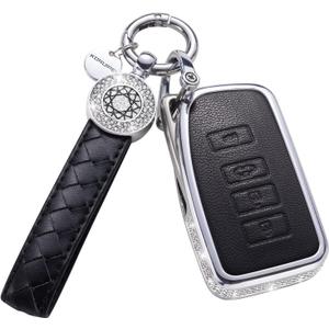 for Lexus Key Fob Cover with Keychain, Black Genuine Leather Crystal Key Case Protection Shell Compatible with Lexus RX ES GS LS NX RS GX LX RC LC Smart Key