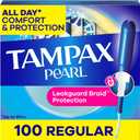 Tampax Pearl Tampons Regular Absorbency, with Leakguard Braid, Unscented, 50 Count x 2 Packs (100 Count Total)
