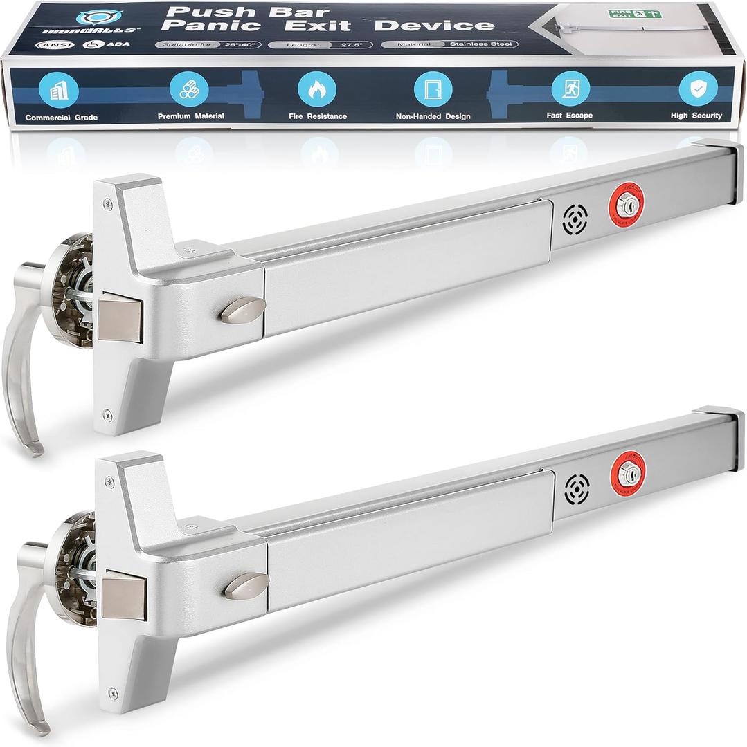 IRONWALLS 2 Packs Commercial Door Push Bar Panic Exit Device With Alarm, 27.5" Stainless Steel for Exit Doors, Emergency Hardware With Exterior Handle, Fit for 27"-41" Doors (Silver)