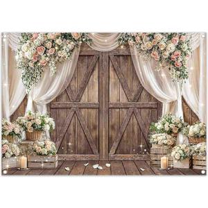 2 x 7x5ft Fabric Wedding Rustic Barn Door Backdrop Vintage Floral White Curtains Photography Background Bridal Shower Birthday Party Decorations Photo Banner Props