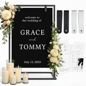 Black Wedding Easel Stand for Sign Board, 50x30x20 Welcome To Our Wedding Sign Display Stand w/ Design Bundle & Leather Straps for Hanging, Matte Steel Frame, Heavy Duty Easel Stand Welcome Sign Wedding Decoration