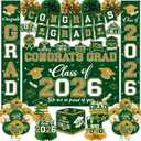 Green and Gold Graduation Decorations 2026 Set, All-in-1 Kit with Congrats Grad Banner Class of 2026 Backdrop Porch Sign Balloons Centerpieces Card Box Pom Poms Streamers for College High School