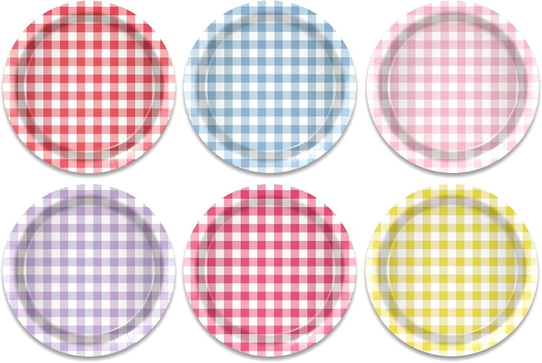 OXYLIPO 48 Pcs Gingham Dessert Paper Plates Set -7 Inch 6 Color Disposable Checkered Tableware | Pastel Round Small Plates for Picnic Wedding Birthday Baby Shower Camping Party Supplies