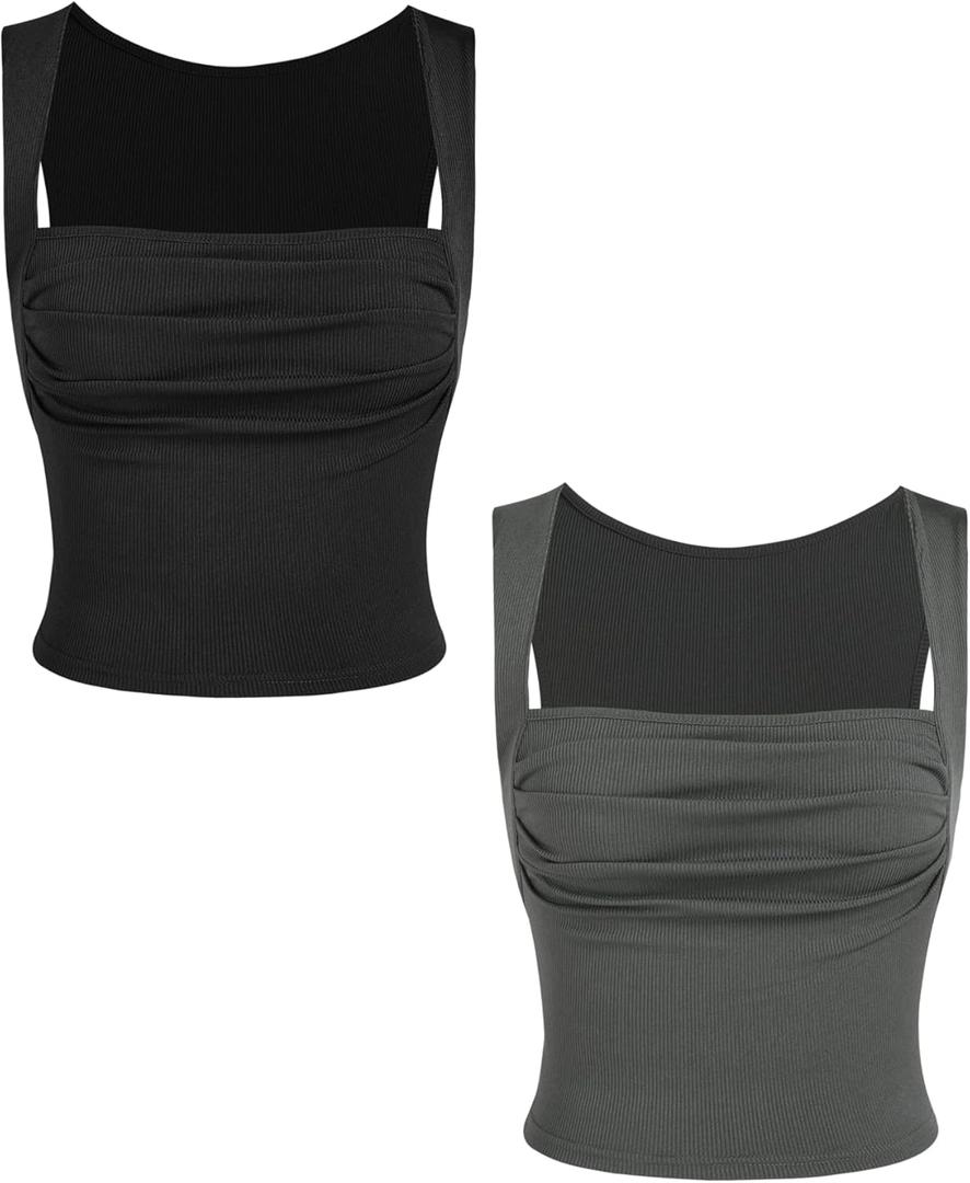 CIDER 2 Pack Women Tank Tops Set Ruched Square Neck Sleeveless Going Out Cute Crop Top Trendy