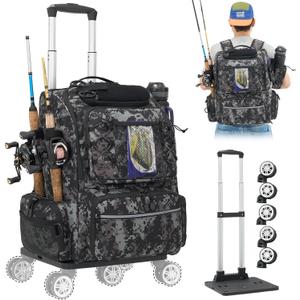 2-in-1 Rolling Fishing Backpack with 3 Rod Holders,Detachable Wheels &Trolley|48L Large Water Resistant Tackle Bag Store Fishing Gear,Safety Reflective Straps,Ideal Fishing Bag for Men