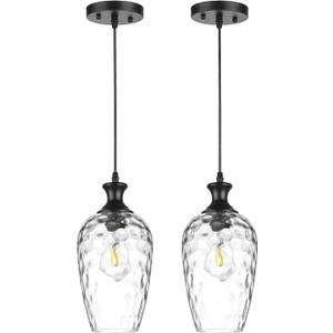 2Pcs Glass Pendant Lights Kitchen Island, 1-Light Black Pendant Light Fixtures with Hand-Blown Clear Glass, Farmhouse Hanging Light for Kitchen Sink Dining Room Bedroom, E26
