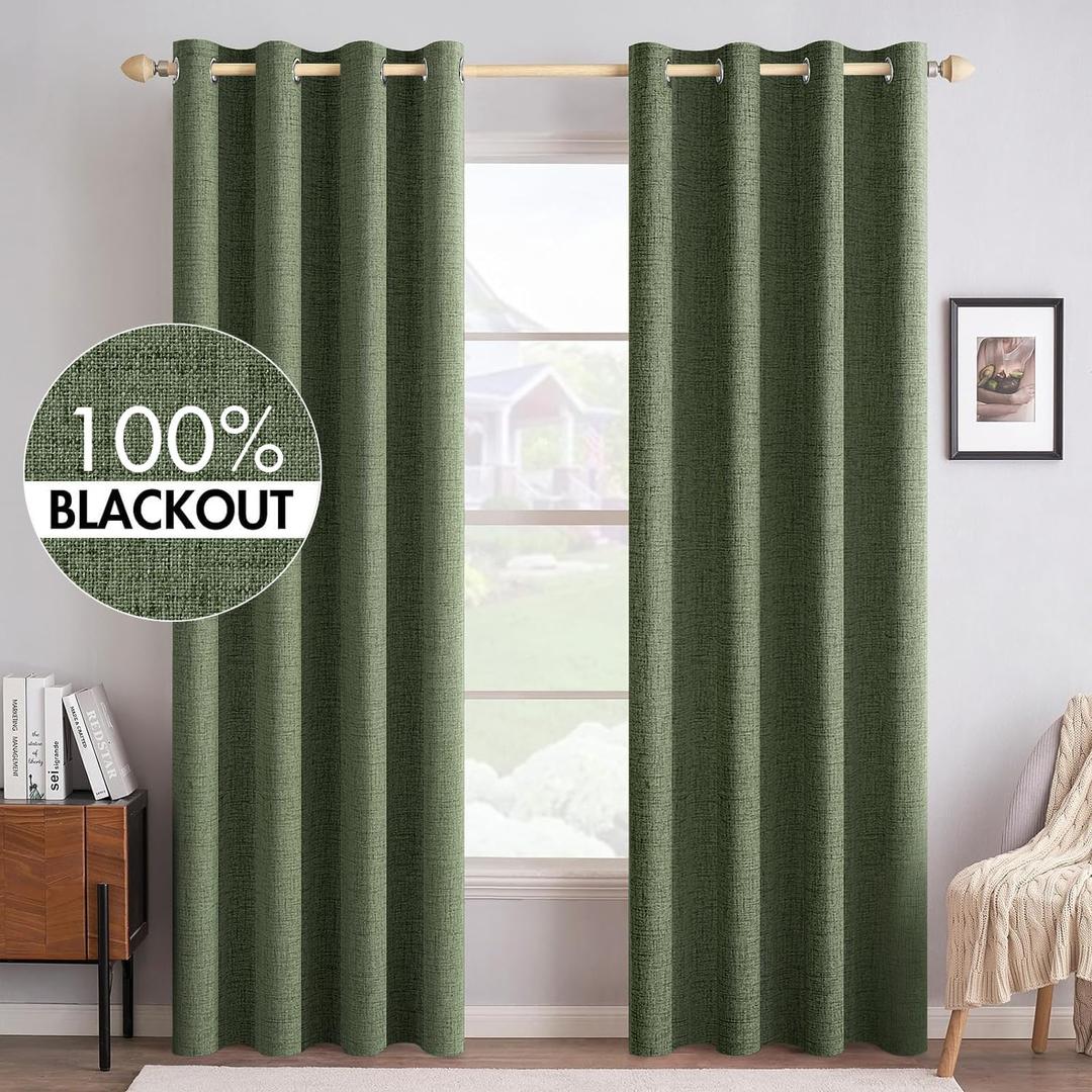 MIULEE 100% Blackout Linen Textured Curtains for Bedroom Solid Thermal Insulated Olive Green Grommet Room Darkening Curtains & Drapes Luxury Decor for Living Room Nursery 52 x 90 Inch (2 Panels)
