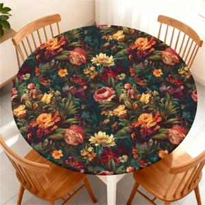 Round Fitted Tablecloth with Elastic Edge, Waterproof Stain Resistant Fabric Table Cover for 45"-48" Round Table, Indoor Outdoor Dining, Kitchen Decor, Camping, Party, Holiday, Vintage Floral