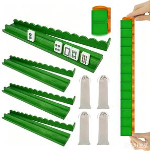 Upgraded Version,Mahjong Racks with Pushers,20 Inch,Wooden American Mahjong Tile Pushers and Racks Set of 4, with 4 Mahjong Racks Drawstring Bag, Mahjong Accessories Green, 20 x 2.65 x 1.15 inches