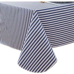 LIBERECOO 60" Square Vinyl Tablecloth with Flannel Backing, Blue Stripe Stain-Resistant Tablecloths Waterproof Oil-Proof Wipeable Table Cover for Indoor/Outdoor Picnic, BBQ