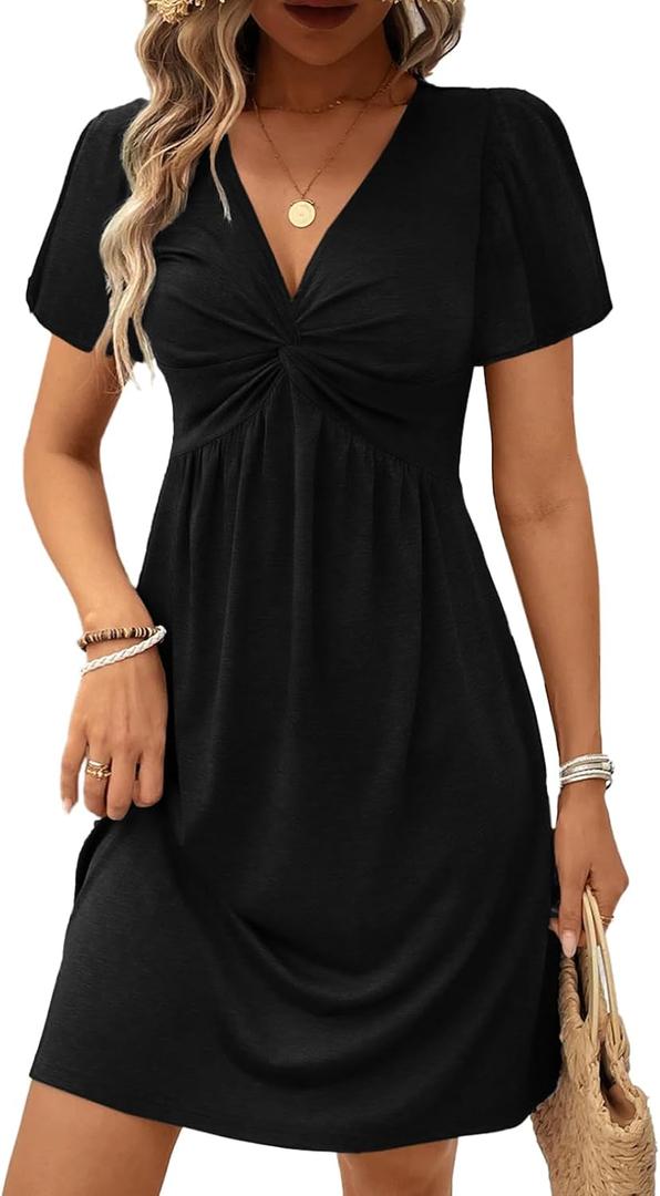 Acelitt Womens Casual Fashion Trendy 2026 Summer Twist Front V Neck Short Sleeve Mini Dress High Waist A Line Ruffle Dresses Sundress Black Small