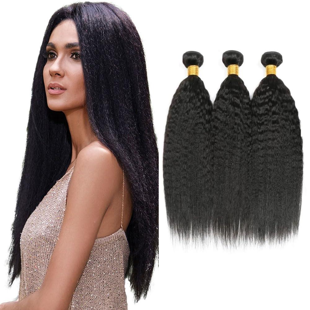 #1B Natural Black Bundles Human Hair Yaki Straight Bundles Human Hair 12 14 16 Inch SeeGovie Unprocessed Brazilian Virgin Hair Natural Color Kinky Straight Bundle Human Hair Extensions 150 Gram