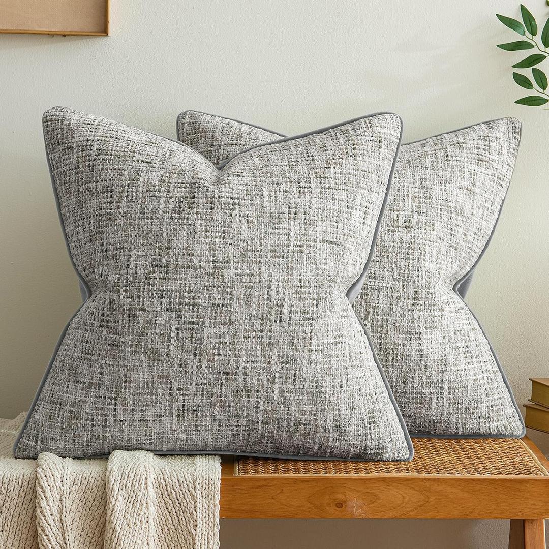 a moment Grey Reversible Pillow Covers 2 Pack - Farmhouse Chenille Throw Pillows, Neutral Textured Decorative Throw Pillow Covers with Border for Couch Sofa Bed (20x20 Inch, No Insert)