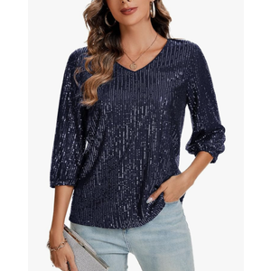 Women's Sparkly Sequin Tops 3/4 Sleeve Glitter Dressy Blouses V-Neck Club Party Tops M