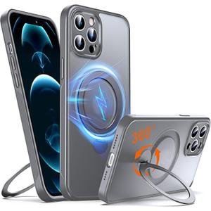 360 O-Ring MagStander for iPhone 12 Pro Max Case with Magnetic Kickstand Ring Holder [Compatible with MagSafe][360Rotate Stand][Military Shockproof] iPhone 12 Pro Max Phone Cover Grey