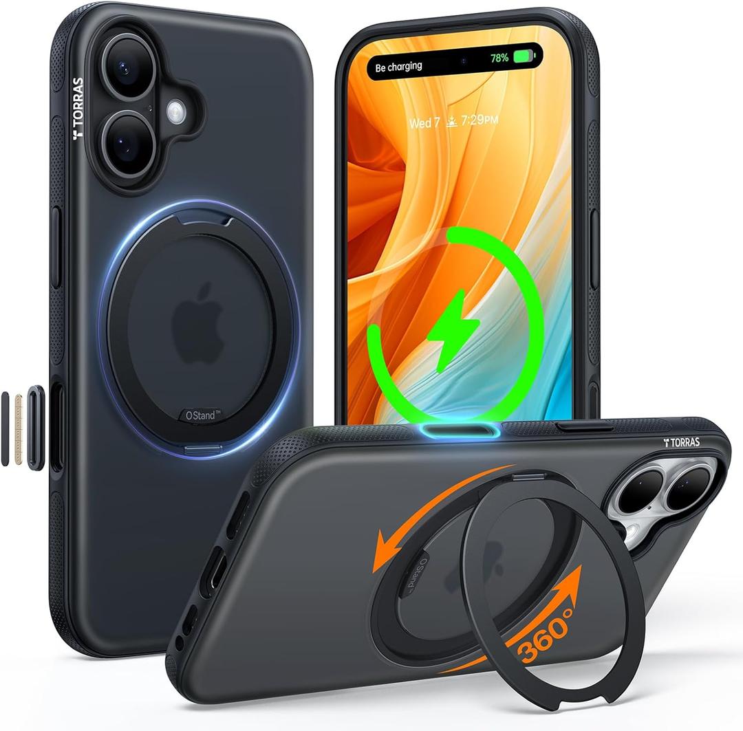 TORRAS 360 Magnetic Stand for iPhone 16 Case, [Fit for MagSafe] [Rotatable Stable Stand] [Camera Button] Military-Grade Shockproof Slim Back, O-Fitness Series, Obsidian Black, Translucent
