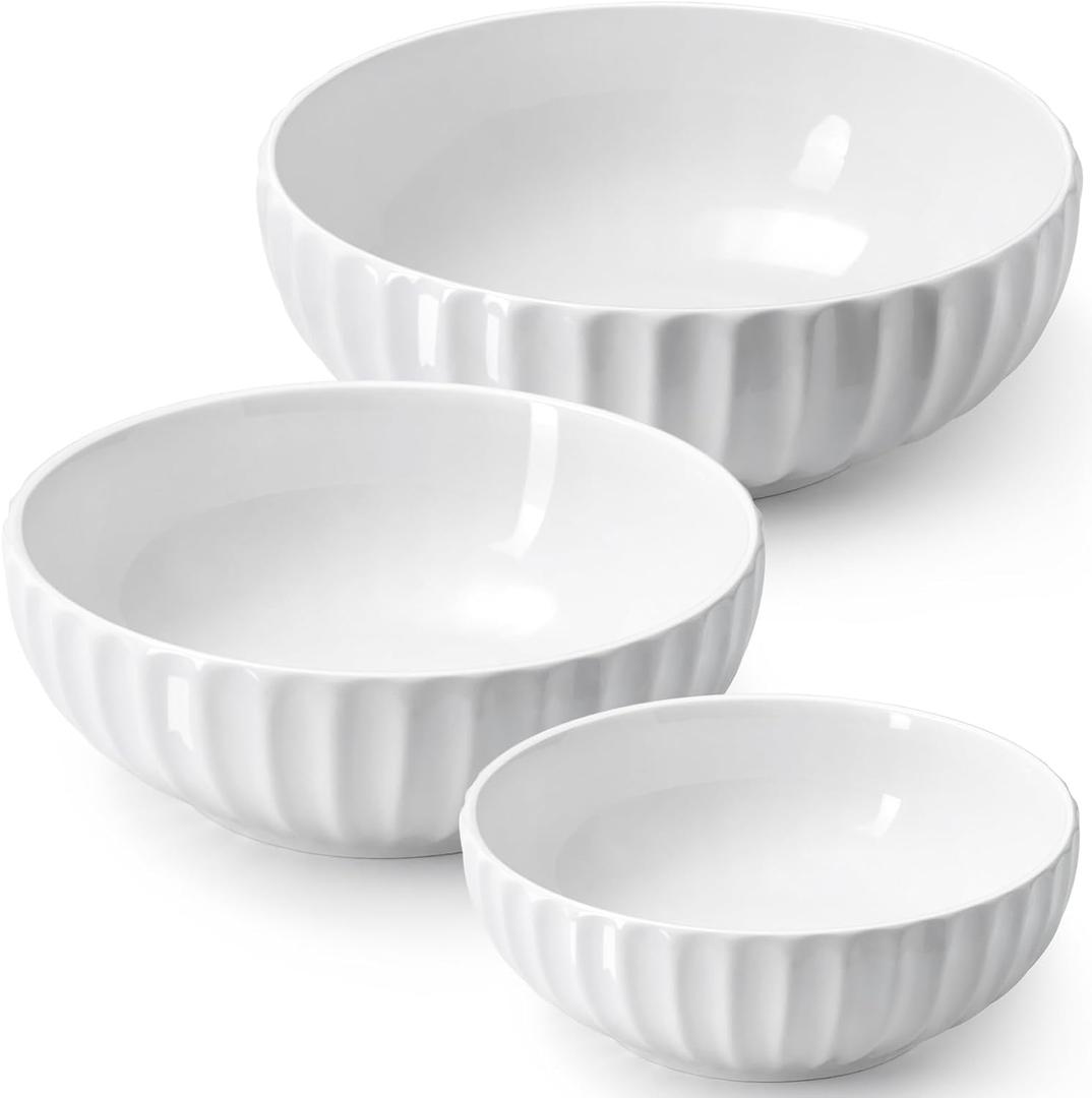 NUTRIUPS Extra Large Serving Bowls, 155/84/50 oz Nesting Ceramic Salad Bowl for Entertaining Party, 12/10/8 in White Bowl