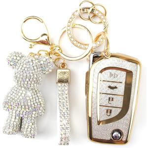Cute Key Fob Cover with Rhinestone Bear Charm, Bling TPU Smart Key Case for Women, Compatible with Toyota 4Runner,Avalon,Camry Corolla Fortuner Highlander RAV4 LE (4-Button, Gold White)