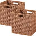 UBBCARE 2 Pack Wicker Basket, 11L11H10.5W inch Woven Paper Rope Storage Baskets for shelves, Foldable Cube Storage bin with Handle, Storage Basket for Organizing & Decor, Caramel