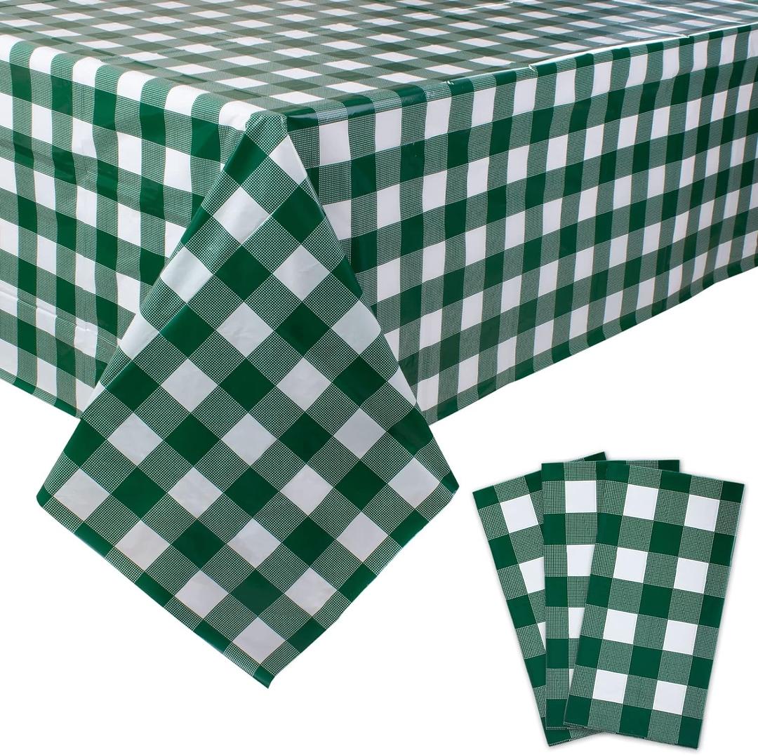 Kesfey 3 Packs Green and White Checkered Tablecloths 54 x 108 Inches Disposable Plastic Gingham Tablecovers Waterproof Rectangle Picnic Party Table Covers for Birthday Party Supplies Christmas