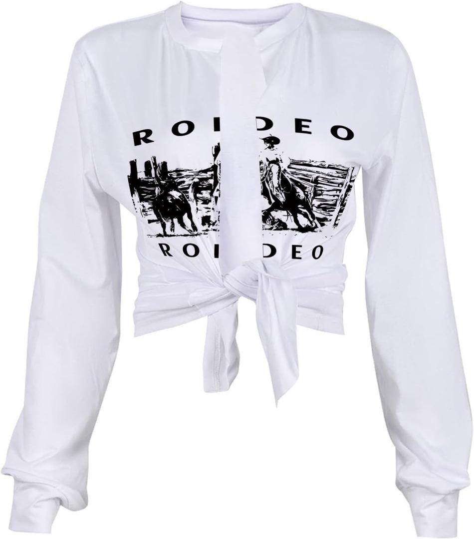 LovelyWholesale Women Tie Front Tops Graphic Crop Sexy Long Sleeve Deep V Neck Shirt White R Small (White, S)