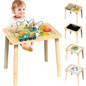 3-in-1 Baby Activity Table for 6-36 Months Old Kids Wooden Activity Center Sensory Play Table for Toddlers with Bead Maze Shape Sorter Montessori Toys Sand Table Must Have Birthday Gift for Girls Boys