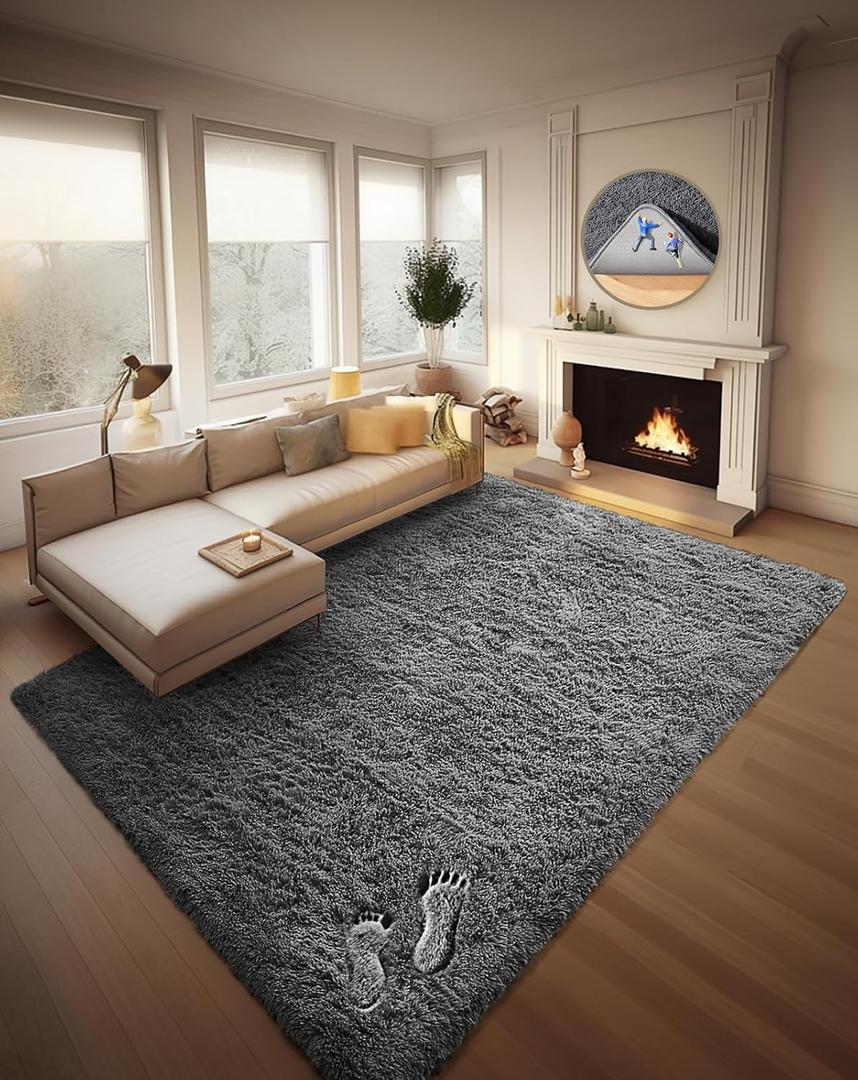 Ophanie 8x10 Area Rugs for Living Room, Upgrade Non-Slip Fluffy Soft Large Shag Bedroom Carpet, Grey Big Indoor Thick Nursery Rug, Gray Carpets for Boy and Girls Room Dorm Home Decor Aesthetic