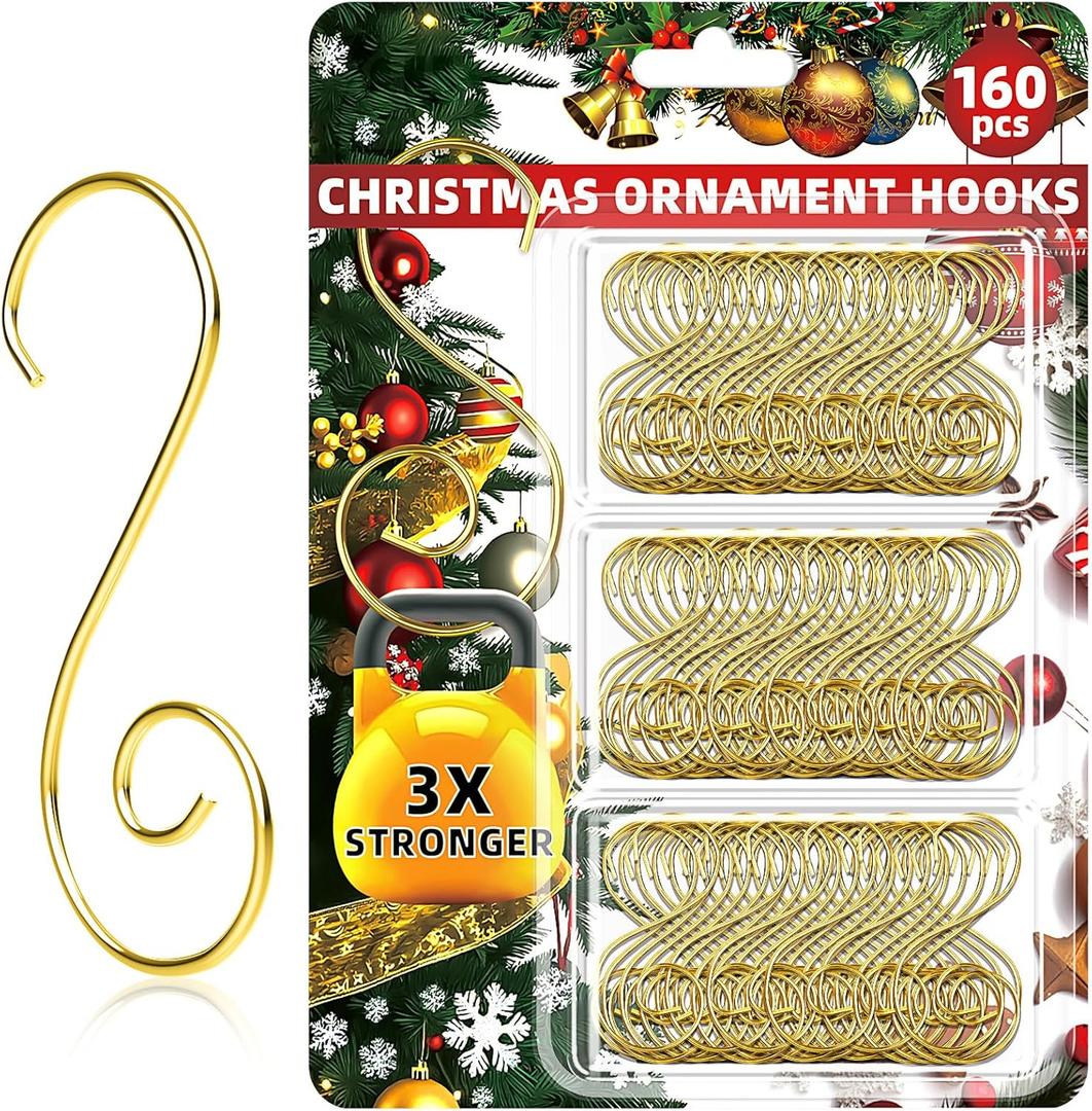160 Pcs Christmas Ornament Hooks Gold S-Shaped Hangers with Storage Box Christmas Tree Hooks for Ornaments, Xmas Ornament Hangers for Tree Decoration