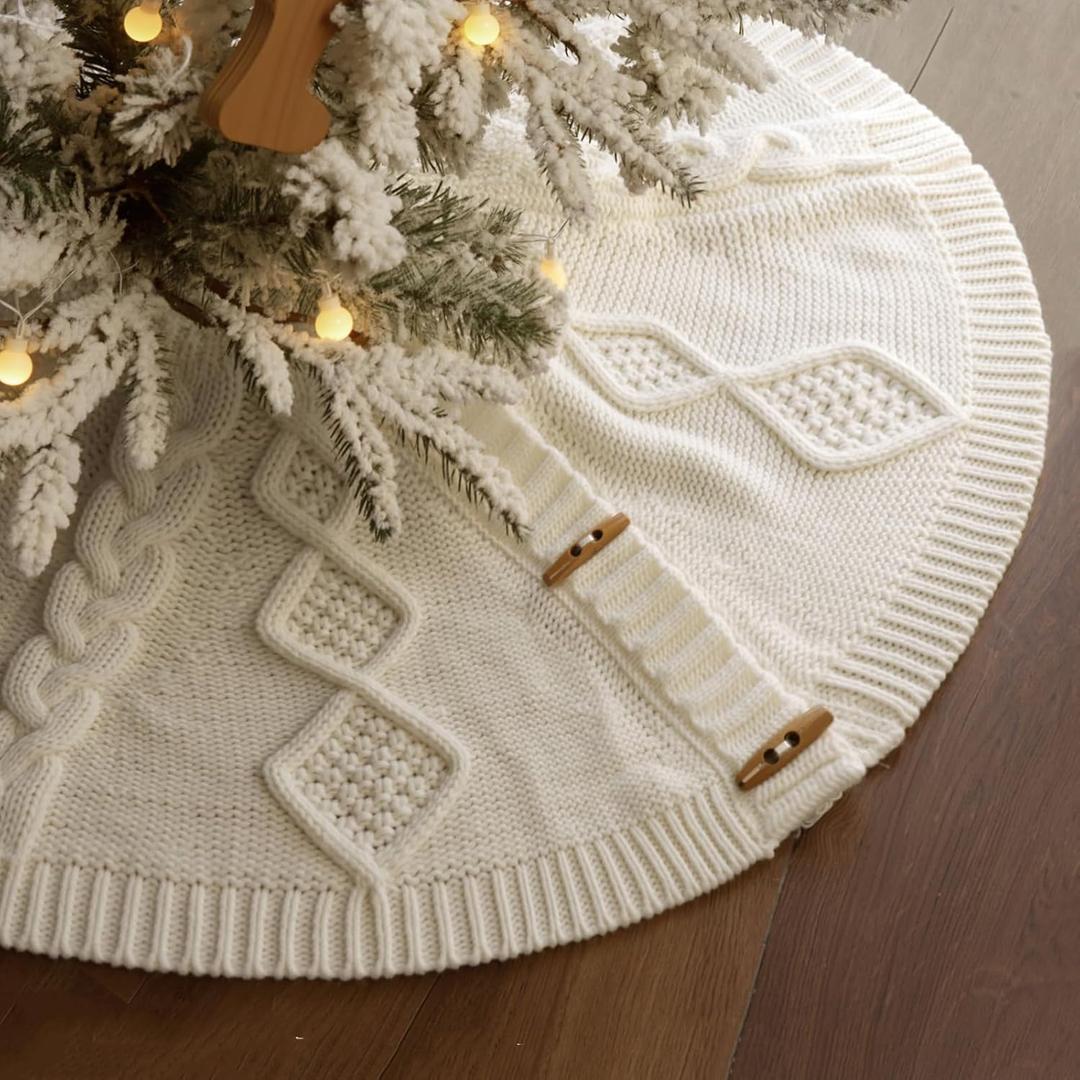 36 inch Christmas Tree Skirt: Pencil Tree Skirt for 6ft Tree, Diamond Braided Cable Knit Cream White Small Tree Skirt, Vintage Tree Skirts, Rustic Farmhouse Christmas Decorations