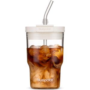BLUEPOLAR 16oz/480ml Iced Coffee Cups With Lids And Straws,Reusable Leakproof Glass Tumbler,Water Bottles,Cold Brew,Drinking Jars For Juicing,Matcha,Tea,Smoothie For Travel,Office (Off-White)