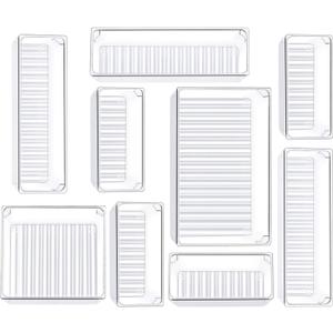 Kootek 9 Pcs Drawer Organizer Set, 4-Size Bathroom Vanity Trays Makeup Desk Dividers Versatile Storage Bins Clear Plastic Container for Dresser, Bedroom, Kitchen, Office