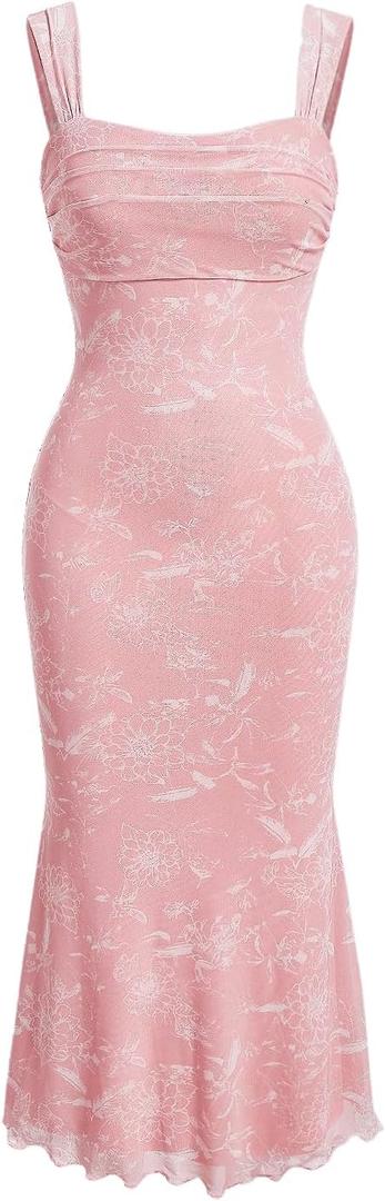 GORGLITTER Women's Floral Ruched Bodycon Summer Wedding Guest Dress Mesh Fishtail Cocktail Midi Sun Dresses 2025 (Large, New Pink)