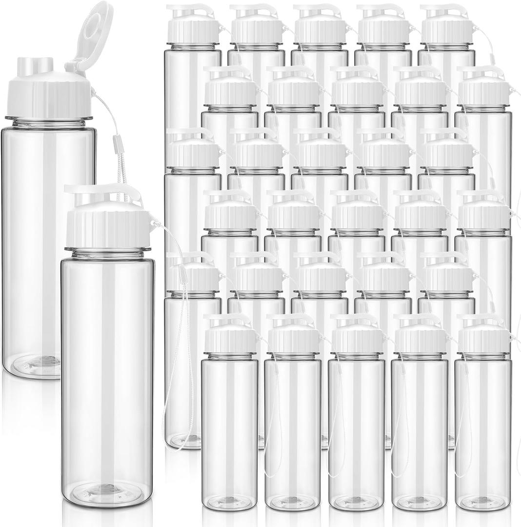 Maxcheck 30 Pieces Water Bottle Bulk 17 oz Plastic Sports Water Bottles Bulk with Handle Strap Lightweight Leakproof Drink Flip Top for Adults Fit Gym(Classic Style,White)
