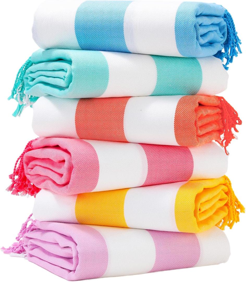 Genovega 6 Packs Oversized Stripe Turkish Beach Towel 74"x38" Thin Quick Dry Sand Free Pool Bath Swim Towels Extra Large XL Clearance Blanket Adult Travel Vacation Essentials Accessories (Blue Lightgreen Orange Pink Yellow Purple Stripe)