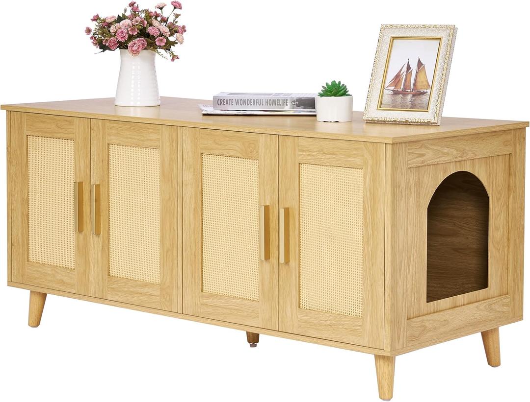 Homhedy Boho Cat Litter Box Enclosure for 2 Cats, NaturalHidden Litter Box Furniture with Double Rattan Decorated Doors, Cat Washroom, Cat House, Dog-Proof, TV Stand