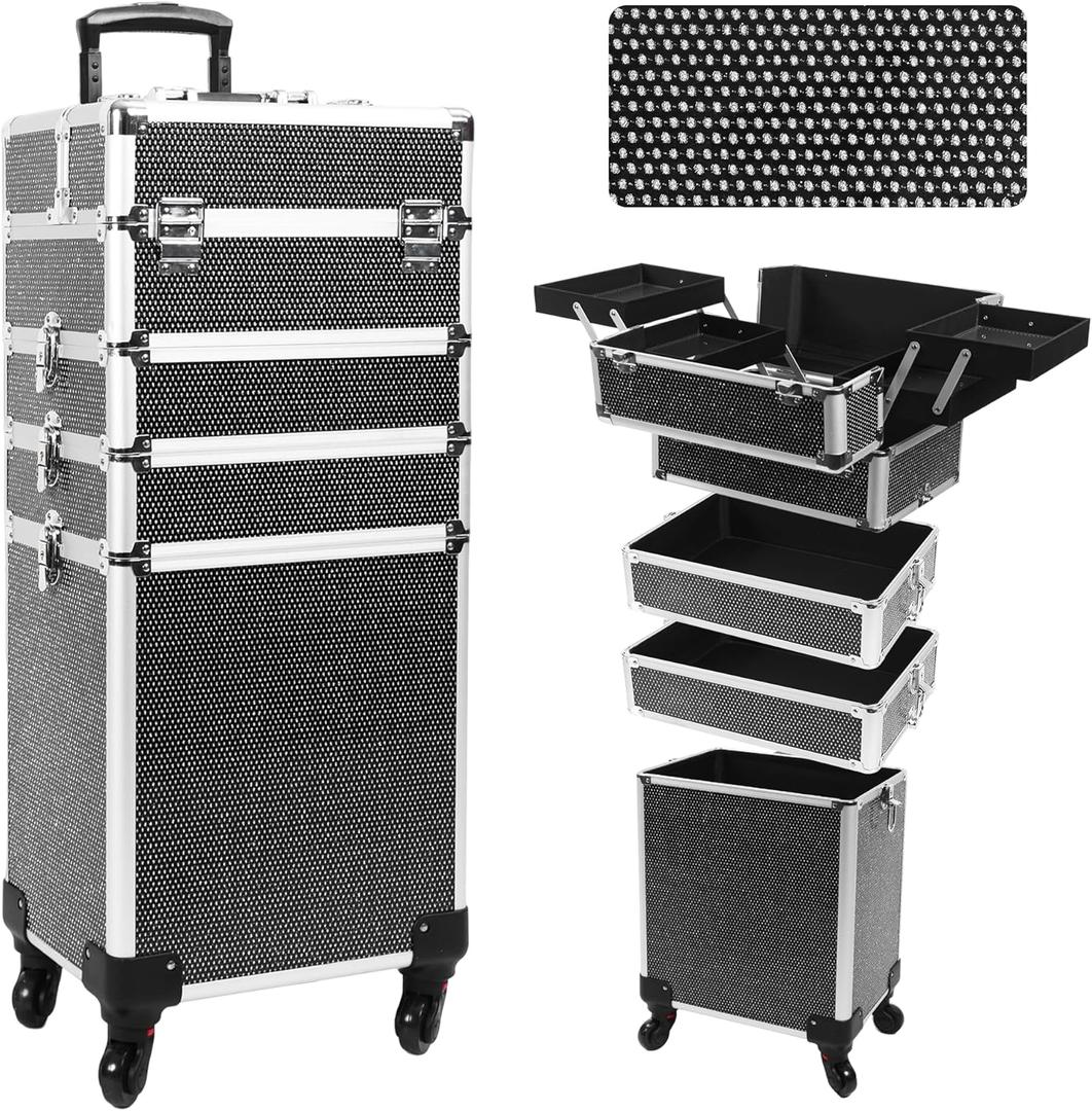 Professional Rolling Makeup Case with Wheels, 5-in-1 Makeup Train Case, Cosmetic Makeup Trolley Cart Travel Cosmetology Case On Wheels with Key for Hairstylists, Nail Tech(Black Crystal)