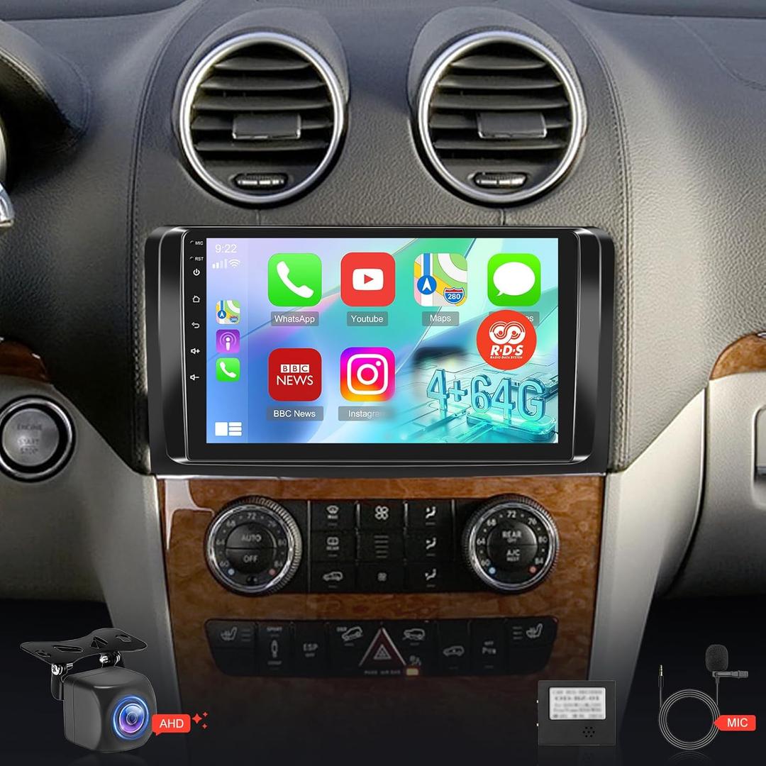[4+64G] Car Radio for Mercedes Benz GL ML W164 X164 ML350 ML500 ML280 GL320 GL350 GL450 2005-2011 with Carplay&Android Auto, 9 inches Android Touchscreen Stereo, 32 EQ Audio/Bluetooth/FM RDS/SWC