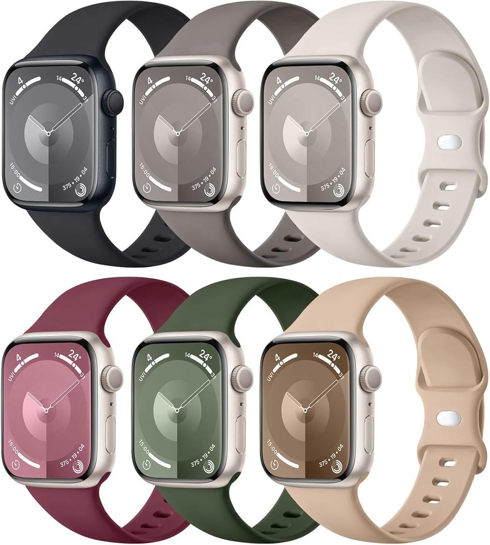 Maledan 6 Pack Bands Compatible for Apple Watch Band, Women Men, Soft Silicone Sport Band Strap for iWatch Apple Watch, Size: 44mm/45mm/46mm/49mm/42mm(series 3 2 1) (Clay/ Black/ Milk Tea/ Starlight/ Wine Red/ Army Green)